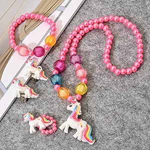 ExcluZiva Gallery Unicorn Fashion Jewellery Set Combo Colourful Girls Pearl Beads Unicorn Pendant Necklace, Bracelet, Earrings and Finger Ring 4 in 1 Combo for Girls Kids Birthday Party Return Gift - 1 Set, Random Colour