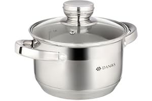 Daniks Standard Marmite Inox 16 cm 1.9 Litres, Faitout avec Couvercle en Verre, Tous Feux y Compris Induction, avec Échelle de Mesure, Argent