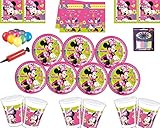 INCLUIDO EN EL PAQUETE: Artículos para la fiesta de cumpleaños de Disney Minnie Mouse, que incluyen platos, tazas, servilletas y un mantel para 16 y 32 invitados con paquete de globos, velas y surtidor de globos gratis