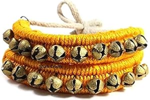 SHAH CRAFTS Kathak Dancing Ghungroo Bells Music Anklet Pair, (10+10) Bells Tied with Velvet Yellow Pad Indian Bharatnatyam Classical Dancers Musical Instrument