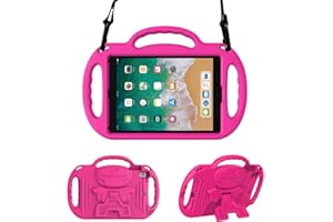 Surom Kids Case for iPad 9.7 2018/2017 - Light Weight Shockproof Handle Stand Case Cover with Shoulder Strap Lanyard for iPad 9.7 2018/2017 / iPad Air/iPad Air 2 - Rose Pink