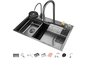 GMTSTORE Lavello da Cucina A Vasca 304 Lavello da Cucina in Acciaio Inossidabile Singolo Lavandino A Cascata Bar Multifunzione Fatto A Mano con Rubinetto Estraibile E Componenti di Drenaggio (Color : Black-c