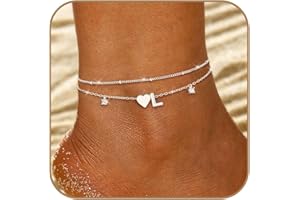 FUNEIA Fußkettchen Für Damen Silber 925/14K Gold Vergoldet Buchstaben Fussketten Für Frauen Wasserfester Herz Layered CZ Fußkette Boho Verstellbar Fusskette Fußschmuck Geschenke für Mädchen