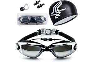 HAISSKY Lunettes de Natation, Lunettes de Natation Anti-UV et Anti-buée, et Libre Pince-Nez, Bonnet de bain, des Bouchons d'oreille, pour Hommes et Femmes Adultes, Jeunes et Enfants (Noir)