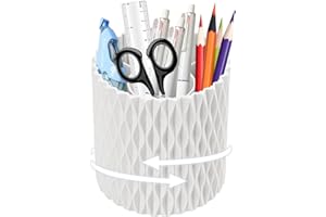 SHPUCISE 360° Rotating Desk Organiser Tidy with 5 Slots, Pen Pencil Holder for Office School Vanity, Durable Stationary Pot Organizer, Makeup Brushes Art Supplies Pots (White)