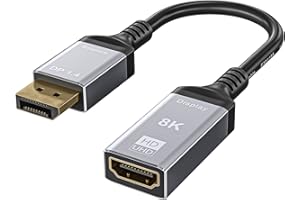 AOOCOO DisplayPort 1.4 a HDMI 2.1 Adattatore Ultra HD 8K maschio a femmina convertitore da 0,25 m 8K@60 Hz 4 K@120 Hz direzionale compatibile con DisplayPort PC e HDMI Displays TV