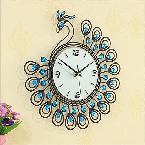 Xiuxiandianju Luxury Diamond Decorative 3D Peacock Wall Clocks Metal Living Room Wall Decor Clock£¬Blue