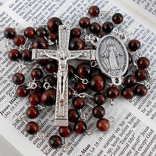 Italian Silver Plated Rosary with Red Tiger's Eye Gemstones