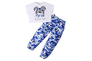 KONFEN 2 Pezzi Completo Ragazze, Hip Hop Crop Tank Top + Pantaloni Mimetici con Tasca, Completo Bambina Vestiti Manica Corta T-shirt e Pantaloni Jogger per 5-12 Anni, Verde/Nero/Blu/Viola