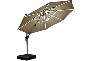 PURPLE LEAF 3.3 M Garden Cantilever Parasol with Led Solar Lights Bar, Large Round Overhanging Patio Umbrella with Crank Handle and Tilt for Balcony and Outdoor, Beige