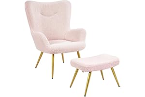 ‎YAHEETECH Yaheetech Ohrensessel mit Hocker Polyester-Bezug, Fernsehsessel Armlehnensessel Polstersessel Relaxsessel Cocktailsessel Teddy-Plüsch Stilvolles Design Rosa