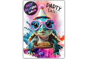 ‎CELEBR8TE 12x Party Schildkröten Glitzer Einladungskarten - Teenager Kindergeburtstag Jungen & Mädchen - coole Tier Geburtstagseinladungen inkl. Messenger Bild & Urlaubsgutschein