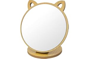 ‎DEANKEJI DEANKEJI Schmink Spiegel, Kleiner Spiegel Kreativ Katzenohrform, Einstellbarer Winkel Klappspiegel, Spiegels Holzrahmen mit Holzsockel - Süßer Stil Kosmetikspiegel für Schlafzimmer Wohnzimmer