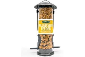 OAKDALE PRODUCTS Oakdale Wild Bird Feeder Pre-Filled with Premium Seeds, Large Hanging Metal Frame with Dual Perches, Refillable Lawn and Garden Outdoor Use, Enjoy Birdwatching or Birding