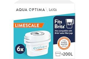 Aqua Optima Evolve+ Hard Water Limescale Filter Cartridges 6 Pack - Fits Brita Jugs & Alternative for Maxtra Filters - Reduces Limescale, Chlorine & Other Impurities - by LAICA (Packaging May Vary)