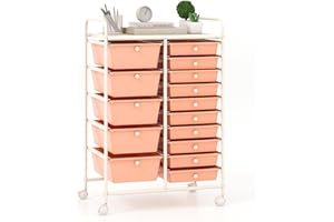 COSTWAY Carrito Auxiliar con Ruedas, Carro Almacenaje con 15 Cajones Apilables, Carrito Organizador con Ruedas Bloqueables de Metal para Cocina Oficina, Baño, 37x63x87cm (color melocotón)