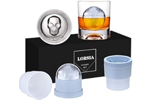 LORSIA Vaso de whisky Rocks, juego de 4 (2 vasos de borbón de cristal, 2 moldes grandes de bolas de hielo) en caja de regalo, vasos antiguos de 10 onzas para cóctel escocés, licor de coñac y vodka, regalos