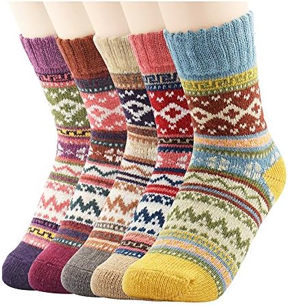 Women Warm Wool Crew Socks 5 Pairs With Various Fashion Printing (Diamond)