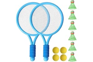 Aoreun Set di Racchette da Tennis per Bambini, Racchetta per Bambini con 4 Palline in Tennis e 6 Volani da Badminton, Racchetta in Plastica per Interni ed Esterni Sport, Blu+Blu