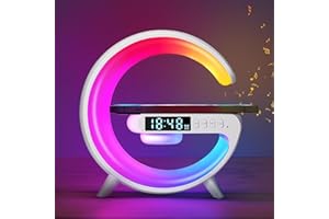 SUNJULY Led Wireless Charger Lamp, G Shaped Lamp Phone Charger Bluetooth Speaker with 10 Lighting Modes and 5w Wireless Fast Charging, Dimmable Bedside Lamps And Alarm Clock, Gifts for Boys Girls(White)