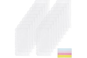 VIDETOL 57 Pcs A6 Binder Pockets, Clear PVC Zipper Binder Pouch Folders with Self-Adhesive Labels, 6 Holes Waterproof Ring Binders for Office, Home, School