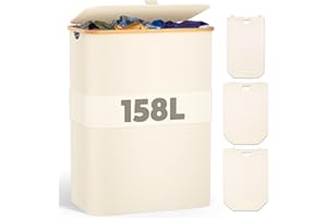 OUSFOT Cesto Portabiancheria 158L a 3 scomparti portabiancheria sporca con coperchio e Manici in Bambù cesto biancheria pieghevole Beige