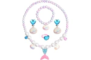 Xzeemo 5 Pcs Mermaid Jewelry Set for Little Girls, Princess Mermaid Stretchy Necklace Bracelet Earrings Ring, Kids Pretend and Dress Up Jewelry for Toddlers Aged 2 3 4 5 Gift