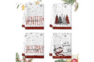 ADERTOS Pack of 4 Christmas Kitchen Towels Dish Towels Polyester Decoration Hand Towels Decorative Tea Towels for Xmas Kitchen Bathroom Gifts, Red Buffalo Plaid Snowflake Snowman Trees, 60 x 40cm