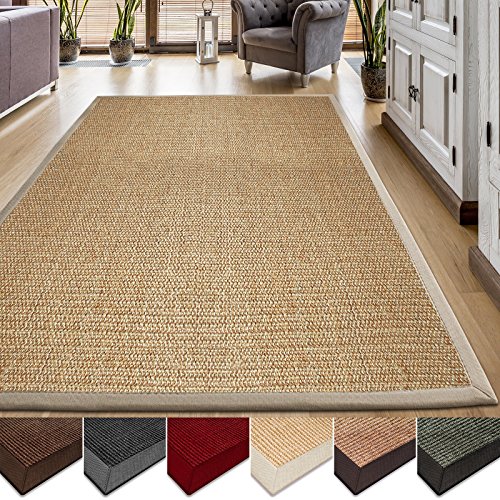 casa pura® Sisal Teppich aus Naturfasern | natur | mit Bordüre aus Baumwolle | pflegeleicht | Größe wählbar (70x130 cm)