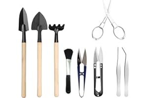 Sunshine smile Narzędzia do bonsai, mini narzędzia do ogrodu, zestaw mini narzędzi ogrodowych do roślin, zawiera nożyce ogrodowe, nożyczki, mini grabki, pędzel, pąki i obcinacz liści, mały zestaw narzędzi ogrodowych (9 szt.)