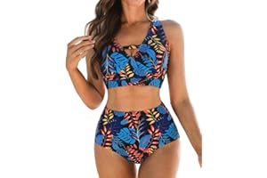 JASAMBAC Bikini Sets for Women 2 Piece Flattering Swimsuit Soft Bikini Tops & High-Waisted Bikini Bottoms Cut Out Swimming Costume Printed Swimwear Ladies Bathing Suits Padded Modest Beachwear