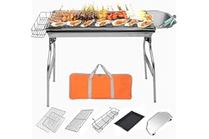 QDRECLOD Griglia Barbecue Acciaio Inox Portatile Pieghevole BBQ Carbone Griglia con Padella Antiaderente,Clip per Carbone,Forchetta per Griglia,Pennello,Aghi per Barbecue, Clip per Alimenti,per 5-10 Persone