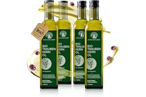 ‎AURA VOM LAND Aura vom Land Bio Premium Traubenkernöl Kaltgepresst 4x250ml Set – Vegan & Reich an Omega 6, Vitamin E – Hochwertiges Speiseöl auch als Haaröl/Körperöl – Bio Oil Grapeseed Oil Made in Germany