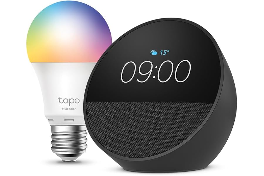 Echo Spot | Schwarz + Tapo L530EA (E27) Lampe, kompatibel mit Amazon Alexa - Smart Home-Einsteigerpa