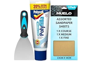 Polycell Polyfilla Ready Mixed Tube 396g All Purpose Filler Interior Exterior Plaster Wood Stone Cracks Holes Smooth Filler For Walls With Muelo Metal Wall Filler Tool 3" and 3 Mixed Grit Sandpapers