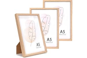 KAIWIN Bilderrahmen A5 Eichenholz Holz Fotorahmen 3er Set MDF mit Acrylglas zum aufhängen und aufstellen Benutzt für Wohnzimmer, Schlafzimmer, Arbeitszimmer, für Fotos, Kunstwerke und Poster