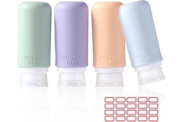 Diboniur Flacon Voyage en Silicone, 4 Pièces Flacon Pompe Vide avec 1 autocollants vierges, Anti-Fuite, Kit Voyage Avion pour Shampoo, Creme, Liquidi e Lotion (98ml)