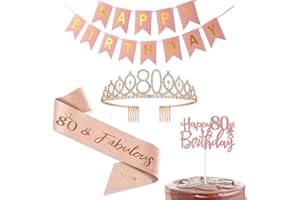 TSILIN Happy 80th Birthday Party Favor Supplies for Women,80th Birthday Sash and Tiara Crown Rose Gold Birthday Cake Topper Happy Birthday Banner,Gift For Women Birthday Party Decoration (80th)