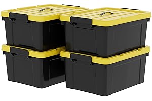 Cetomo Lot de 4 boîtes de rangement empilables en plastique avec couvercle et boucles de verrouillage sécurisées, noir, 40 l