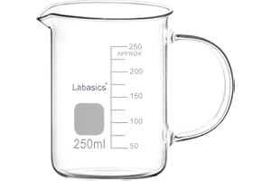 Labasics Bécher en Verre, G3.3 Gobelet Gradué en Verre Borosilicaté de Qualité Laboratoire Gobelet de Mesure Transparent Gobelet Griffin de Forme Basse avec Poignée et Bec Verseur, 250 ml