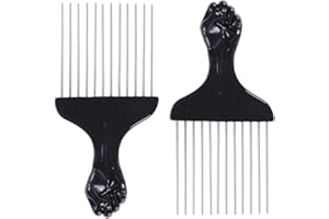 HZAOPZE Peigne Afro en Métal 2 Pcs, Pick Cheveux Africain à Dents Larges, Brosse pour Cheveux Bouclés et Barbe, Outil de Coiffage (Noir)