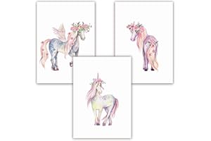 Pandawal Wanddeko Kinderzimmer Bilder Mädchen schöne Wand Deko für Mädchenzimmer Einhorn/Pferde 3er Poster Set (S10) im DIN a4 Fomat