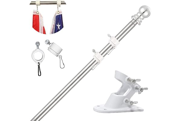 TALITARE Kit de Mât de Drapeau en Aluminium Argent 180cm, avec Support Mât de Drapeau en Acier Inoxydable à Fixe au Mur avec Anneaux Rotatifs/Base Blanche