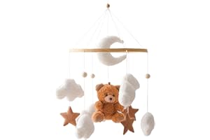 Uixxducc Mobile Baby Windspiele, Babybett Mobile 3D Bär Hase Kaninchen Wolken, Kinderzimmer Hängende Bettglocke, Neugeborenen Geschenk für Baby Jungen und Mädchen (Braun Bär)