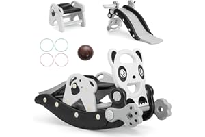 RELAX4LIFE 5 in 1 Set Cavallo a Dondolo con Scivolo e Canestro da Basket e Palla e Lancia di Anelli, Struttura Stabile con carico di 60 kg, 105 x 72 x 57 cm (Modello 4 NERO)