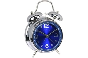 ALEENFOON 4" Metal Twin Bell Alarm Clock, Retro Vintage Desk Table Bedside Silent Analog Quartz Alarm Clock for Heavy Sleepers Kids Home Bedrooms Travel School Battery Operated with Light (Blue)
