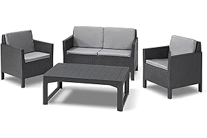 ‎KETER Allibert by Keter Chicago Lounge Set für 4 Personen, 2-er Sofa, 2 Gartensessel mit Rückenkissen und höhenverstellbarem Lyon Tisch, graphit/cool grau, wetterfest