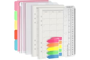 Harphia A5 6 Holes Binder Refill Value Set, 90 Sheets Loose Leaf Paper with Stickers and dividers, Planner Inserts with Binder Pockets for refillable Notebook (Month, A5)