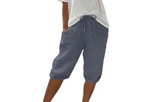 WDCHAOYUE Sommerhose Damen Leicht Sommer Einfarbig Kurze Hosen Leinenhose Mit Kordelzug Casual Pants Hohe Taille Caprihose Stoffhose Bequeme Freizeithose Frauen Elegant Loose Fit Strandhose Outdoorhose