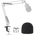 YOUSHARES White Mic Boom Arm Stand with Pop Filter - Mic Stand with Foam Cover Windscreen Compatible with Razer Seiren Mini Streaming Microphone